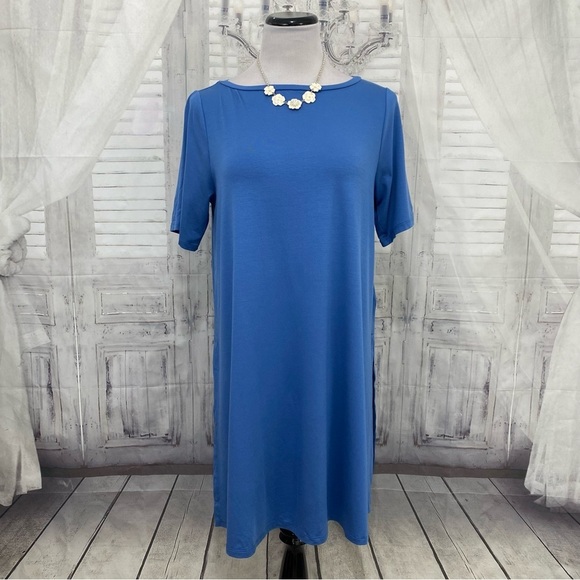 Eileen Fisher Size Medium Blue Coast Boat Neck Tunic Short Sleeve Split Side NEW - Picture 1 of 11